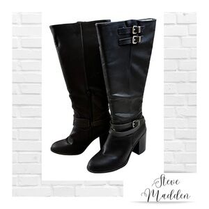 Steve Madden Edrea Black Knee High Boots Harness Buckle Side Zip Size 10